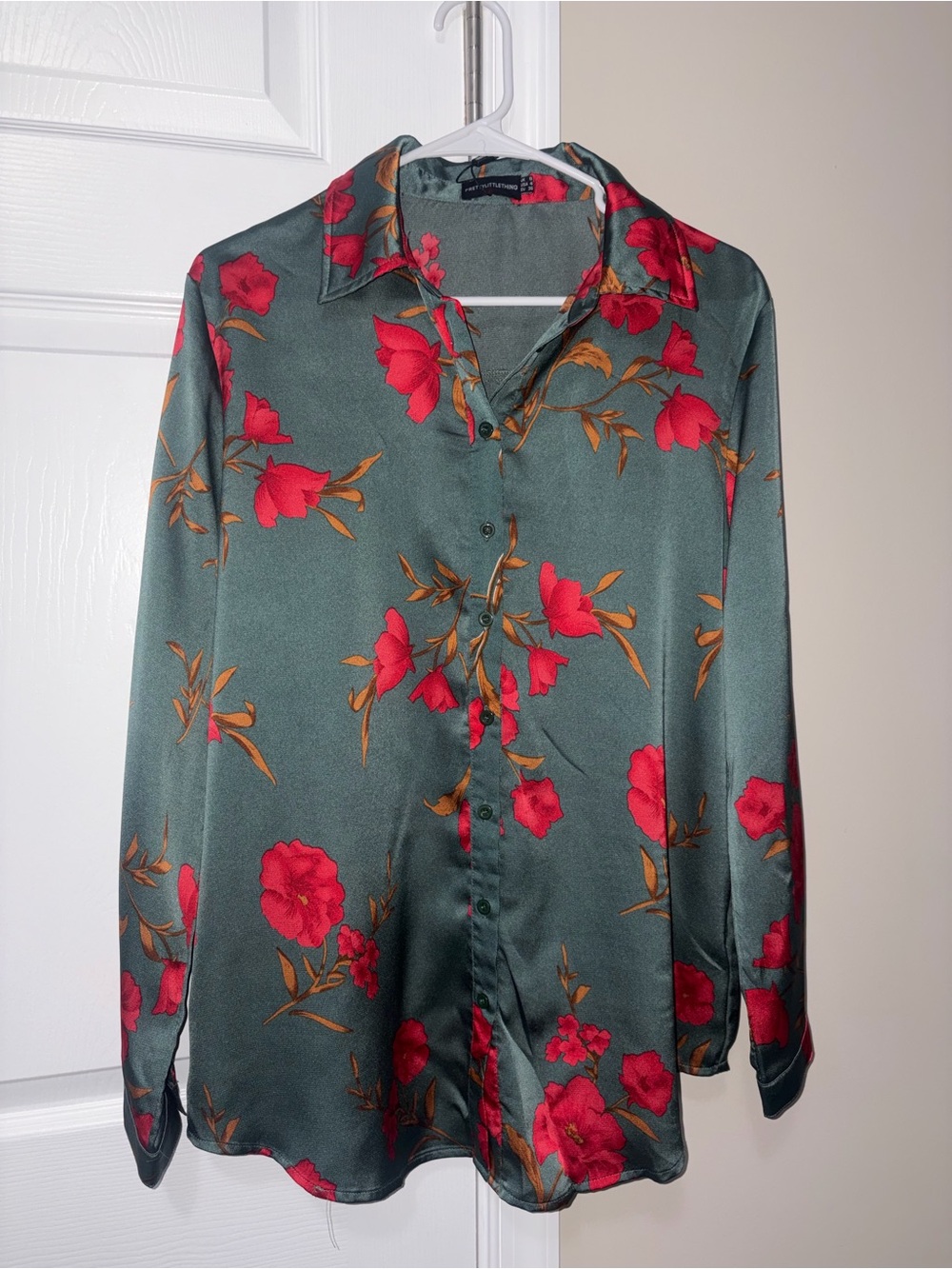 PrettyLittleThing Teal Satin Button-Down with Red Floral Print